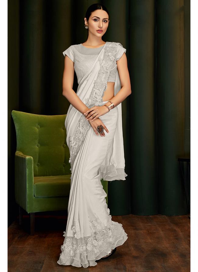 Silk Georgette Off White Wedding Wear Embroidery Work Ready To Wear Saree